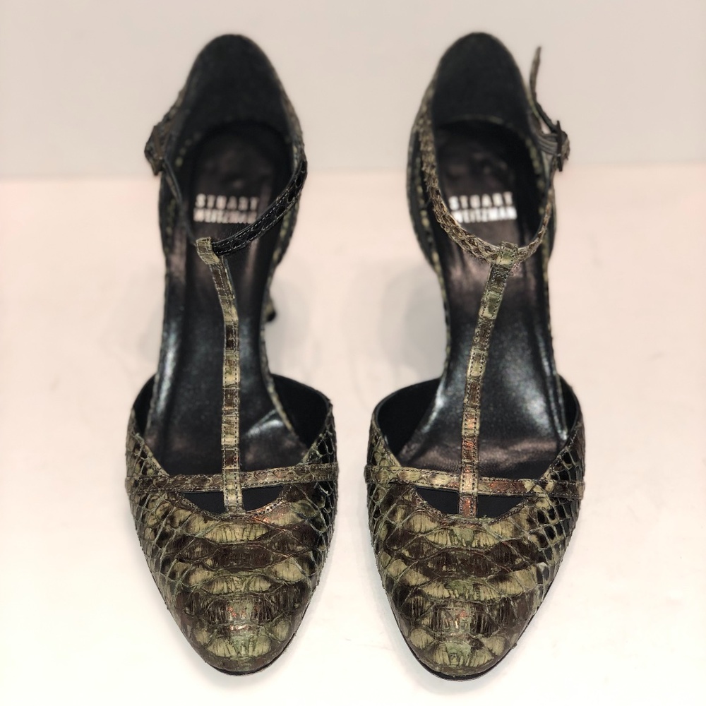 Stuart Weitzman Green Strappy Python Kitten Heels - image 2